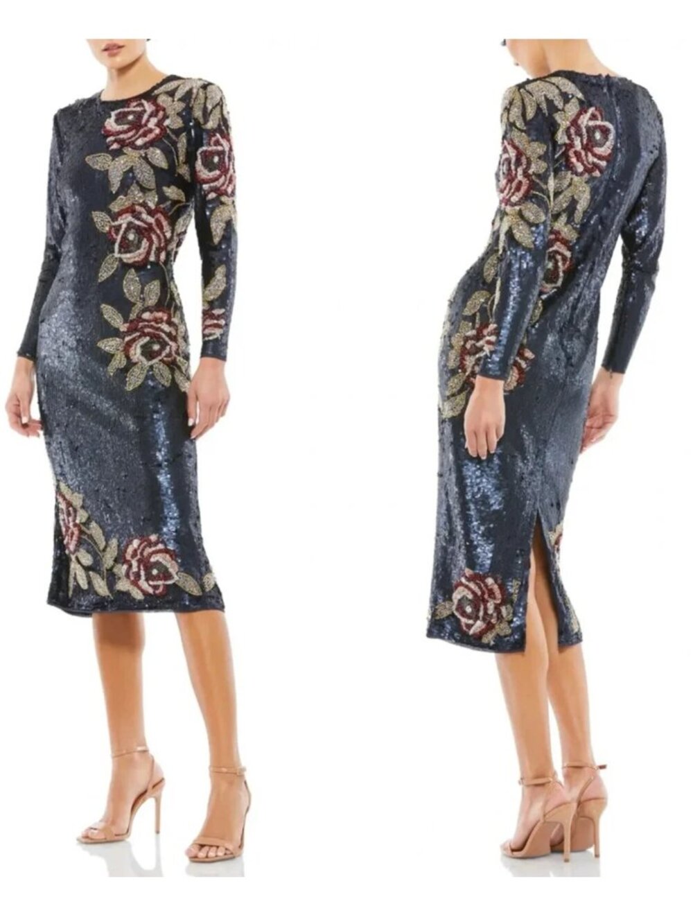 NWT Mac Duggal Navy Blue Sequin & Beaded Floral Midi Dress – Size 10 Style#93624